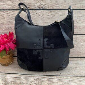 TORY BURCH black leather suede women's large shoulder crosssbody bag